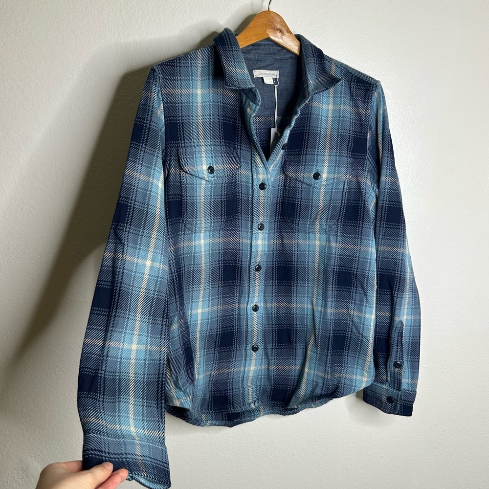 NWT Outerknown 100% Organic Cotton Button Down Blanket Shirt Blue Plaid
